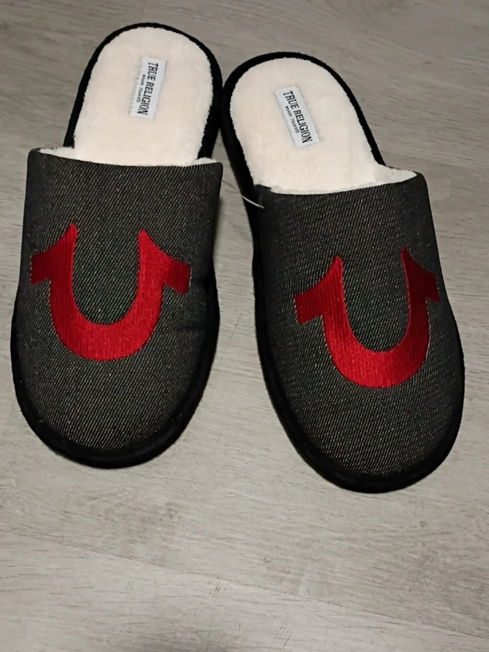 True Religion Mens Black Slip-On Slippers with Red Logo